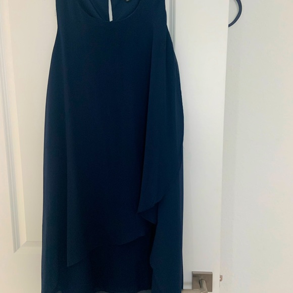 NWT Navy polyester sheer longer back dress with front sheer drape. - Picture 2 of 5
